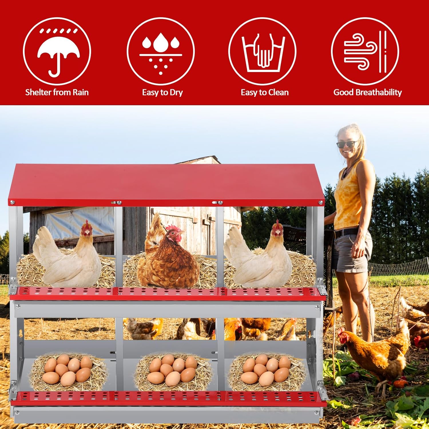Garvee 6 Compartment Chicken Nesting Box - Heavy Duty Metal Coop with Roll Away Egg Collection, Perch, Lid Cover for Egg Protection - Wall Mount/Free Standing Nest Box for Chickens, Hens, Ducks