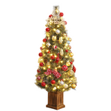 Garvee 4ft Potted Pre-Lit Christmas Tree Artificial Snow Flocked Pine Tree for Home, Office, Party Decoration w/ 100 Warm-White Lights, Xmas Tree with Pine Cones Red Berries - Wooden Pot-1 Pack