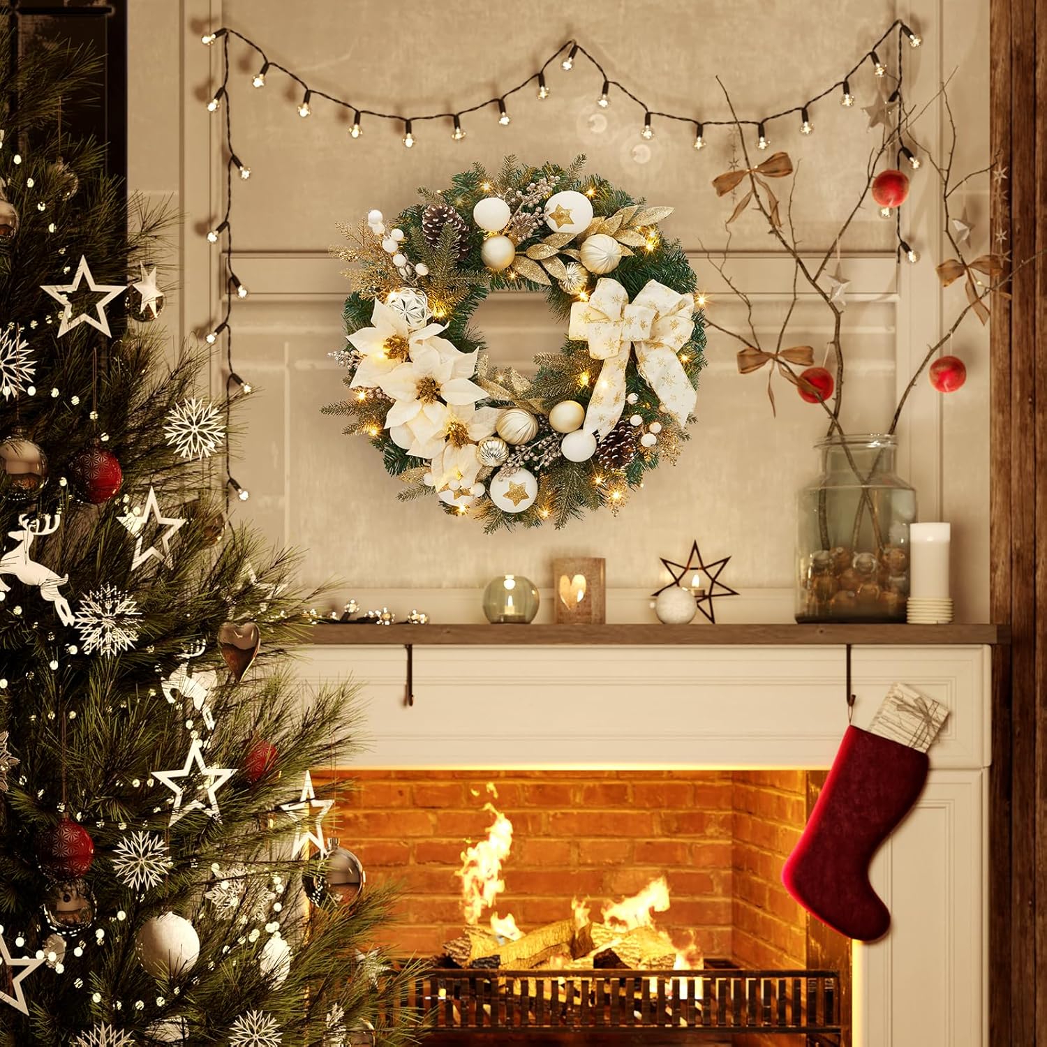 Garvee Pre-Lit Christmas Wreath for Front Door, 24 Inch Large Lighted Wreath with Xmas Balls, Artificial Flower & Bow, Battery Operated Christmas Wreath for Fireplace Window Wall Decor, Champagne