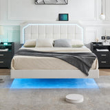 Garvee Floating Queen Bed Frame with RGB LED Lights, Adjustable Upholstered Headboard, Metal Construction, Easy Assembly, Modern Design, White - White (PU leather)