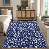 Garvee 9x12 Washable Foldable Rug Modern Floral Pattern Mat - Non Slip, Low Pile, Reinforced Edges, Stain Resistant, Easy Care Carpet for Living Room, Bedroom, Bathroom, Kitchen, Entryway, Hallway - Navy Blue