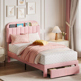 Garvee Twin Bed Frame with Drawer, Velvet Upholstered Platform Bed Frame with Storage Headboard, No Box Spring Needed, Easy Assembly, Noise-Free, Pink - Light Pink