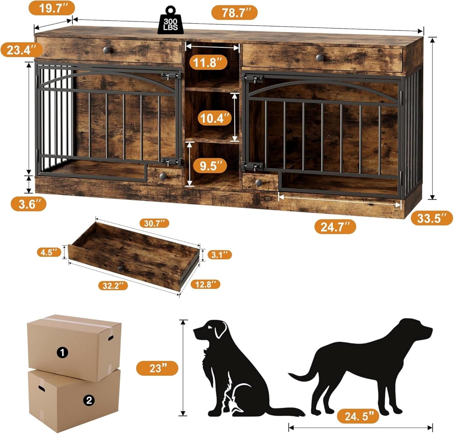 Garvee Dog Crate Furniture for 2 Dogs, 78.7" Large Dog Kennel Indoor with 2 Storage Drawers, 3 Shelves and Feeding Bowls, Double Dog Crate TV Stand for Small and Medium Dogs, Brown