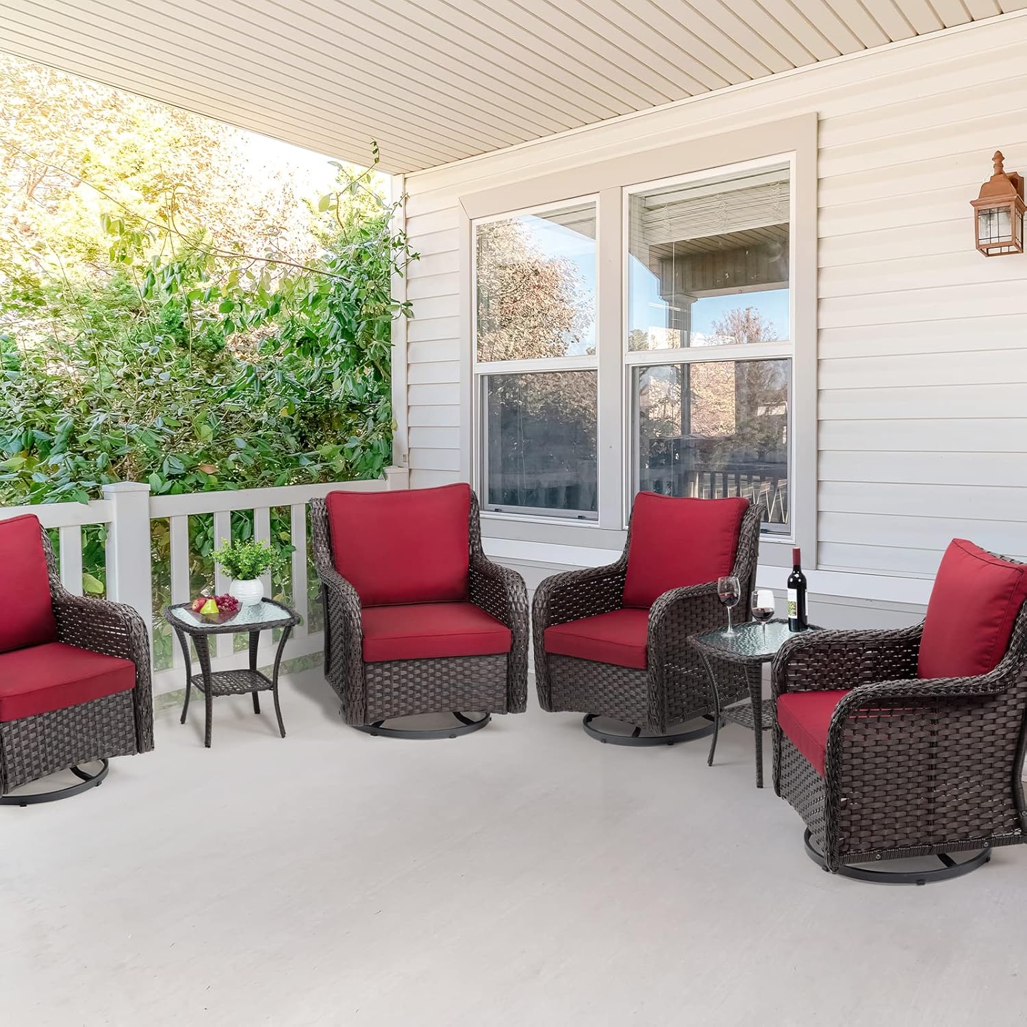Garvee 3 Pieces Rattan Swivel Rocking Chair Outdoor, Patio Bistro Conversation Furniture Set, Wicker Chair with Cushions and Table - Red