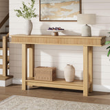 Garvee Farmhouse Fluted Console Table, 2 Tier Wooden Entryway Table, Rectangular Narrow Sofa Table, 55 Inch, Natural Wood Color