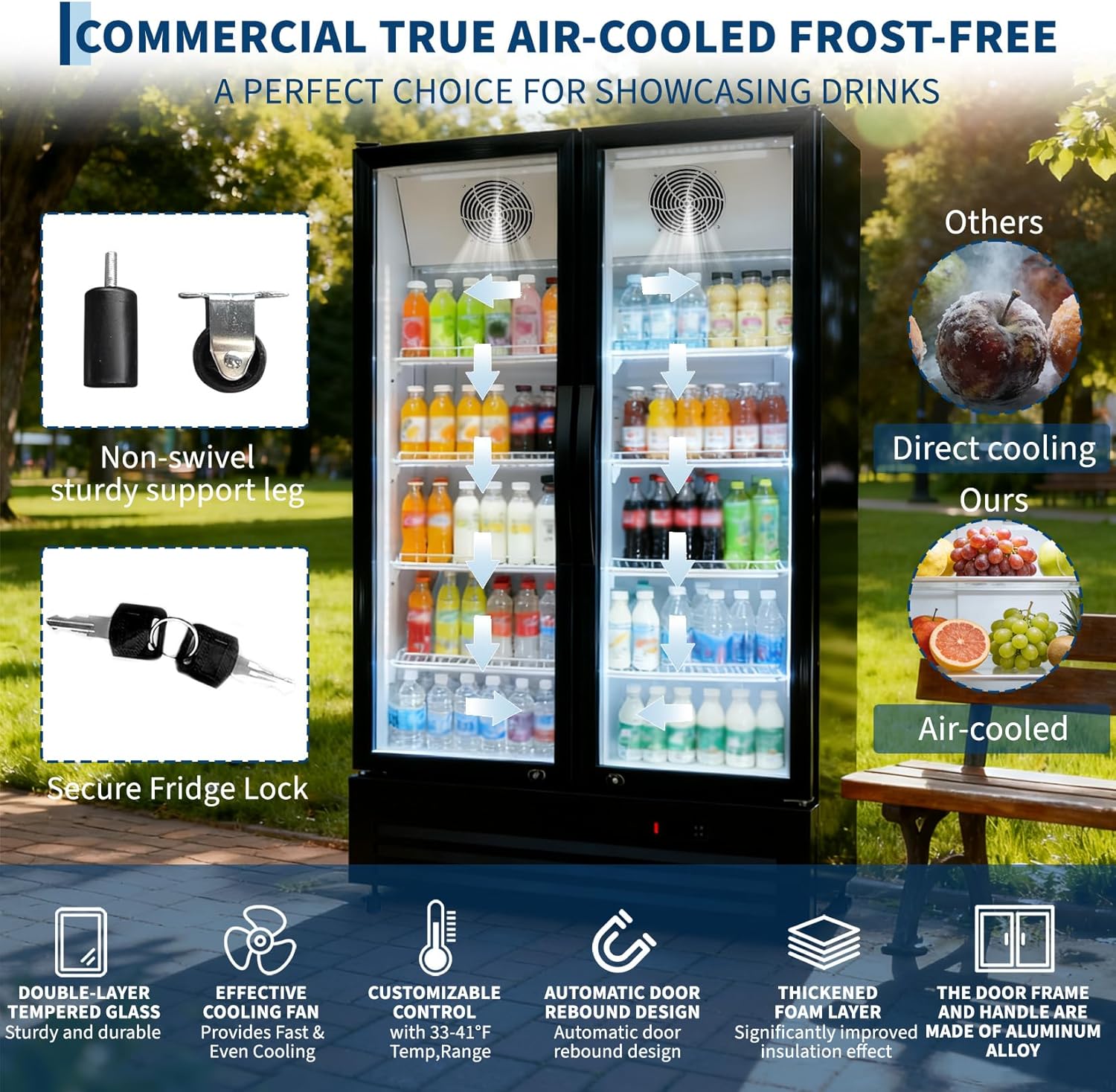 GARVEE 32.5 Cu.ft Double Door Commercial Beverage Cooler - 580-Can Glass Display Fridge | Frost-Free Air-Cooled, Automatic Door Rebound | for Bar/Restaurant/Supermarket (Black)