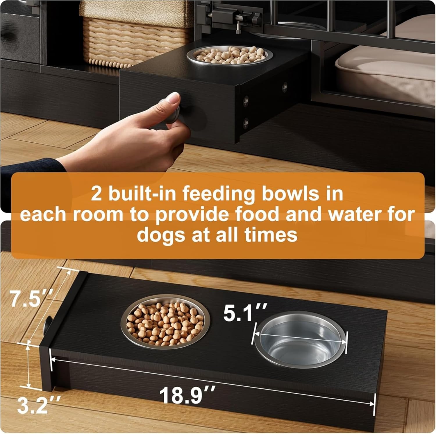 Garvee Dog Crate Furniture for 2 Dogs, 78.7" Large Dog Kennel Indoor with 2 Storage Drawers, 3 Shelves and Feeding Bowls, Double Dog Crate TV Stand for Small and Medium Dogs, Black