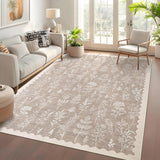 Garvee Washable 8x10 Area Rugs for Living Room Scalloped Floral Bedroom Rug, Non-Slip Stain Resistant Dining Table Carpet, Botanical Large Rug Neutral Carpet for Farmhouse Dorm Home Office,Taupe - Light Brown
