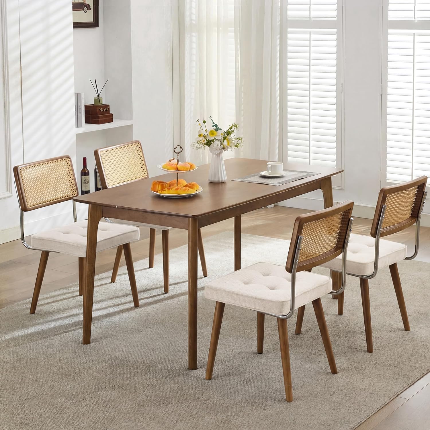 Garvee Set of 2 Rattan Dining Chairs with PU Upholstery, High Cane Back, Solid Wood Legs, Rustic Modern Style for Kitchen & Restaurant, Natural Rattan, Beige