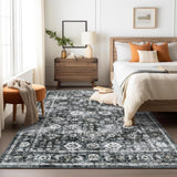 Garvee Washable Rugs 5x7 Area Rug Vintage Distressed Floral Print for Living Room Bedroom Dining Room Black Grey - Black Gray