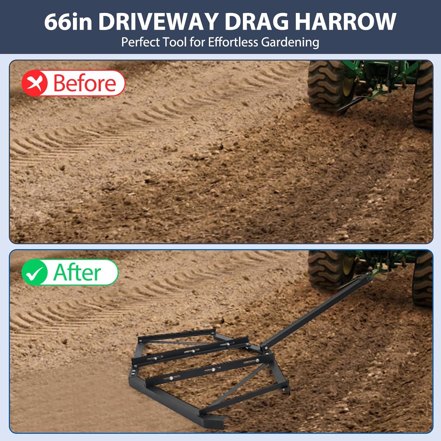 Garvee 74 Inch Width Driveway Drag with 3 Sets Adjustable Bolts & 2 Reinforcement Bars, Tow Behind Drag Harrow with Pin-Style Hitch for ATVs UTV