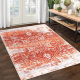 Garvee Large Rug 8x10 Vintage Area Rug Non-Slip Distressed Area Rug Machine Washable Indoor Floor Carpet Low Pile Rug Foldable Accent Rug for Bedroom Nursery, Orange - Orange