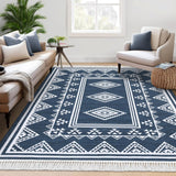 Garvee Boho Washable Area Rug, Non-Slip Moroccan Tribal Carpet with Tassels, Stain-Resistant Farmhouse Geometric Floor Cover, Blue - Blue