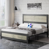 Garvee Full Size Bed Frame with Charging Station, Rivet Design, Industrial Style, MDF Board, Steel Slats, Noise Free, Easy Assembly - Wash Gray