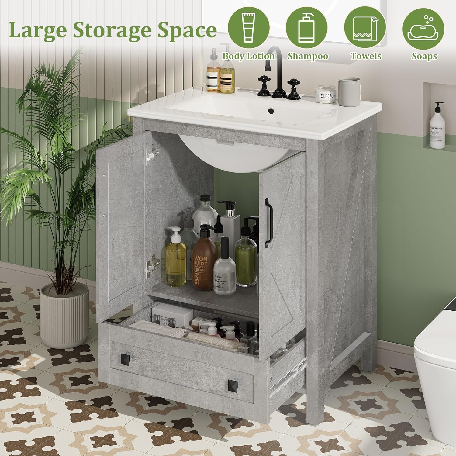 Garvee Modern 30" Freestanding Bathroom Vanity with with 2 Doors and Storage Drawer for Bathroom, Grey
