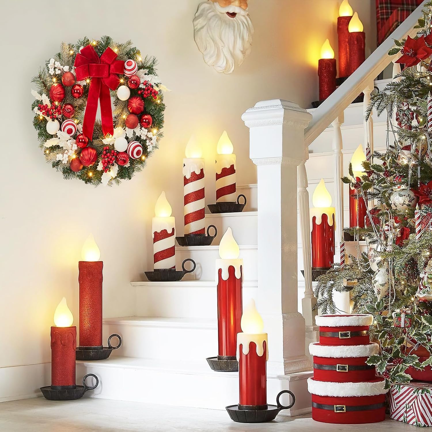 Garvee Pre-Lit Christmas Wreath for Front Door, 24 Inch Large Lighted Wreath with Xmas Balls, Red Bow & Berries, Battery Operated Christmas Wreath for Fireplace Window Wall Xmas Decoration, Red