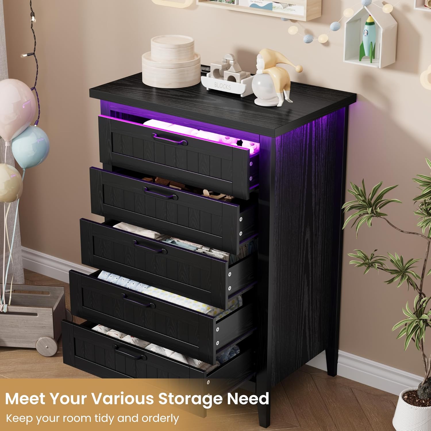 Garvee 5 Drawer Dresser for Bedroom with Charging Station and LED Lights, Farmhouse 44.9" Tall Chest of Dresser with Large Storage for Living Room, Hallway & Entryway, Black