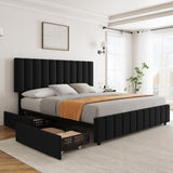 Garvee Black Queen Linen Upholstered Bed Frame with 4 Storage Drawers, Adjustable Headboard, Sturdy Wooden Slats, No Box Spring Required, Easy Assembly - Black