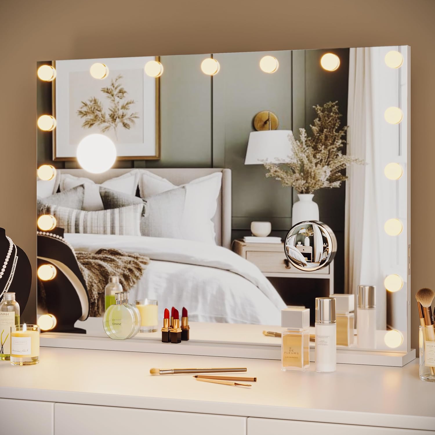 Garvee Vanity Mirror with 17 Dimmable LED Bulbs, Tabletop Lighted Mirror with Lights, Makeup Mirror with 3X Magnification, 3 Colors Modes,Touch Control, USB Charging Port, 32”x24”, White