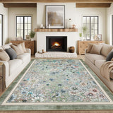 Garvee 8x10 Area Rugs Washable Boho Non Slip Floral Vintage Low Pile Large Carpet Green for Living Room Bedroom Farmhouse Dining Room Kids Playroom - Green