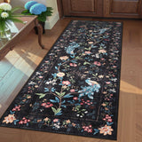 Garvee 2x6 Washable Runner Rug Floral Peacock Design Non Slip Black Hallway Kitchen Bathroom - Black