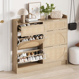 Garvee Rattan Shoe Storage Cabinet with 4 Flip Drawers & 2 Small Drawers for Entryway, Natural Wood Color, Narrow Freestanding Organizer with Adjustable Shelves and Metal Handles - Natural