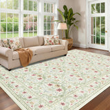 Garvee Washable 9x12 Area Rug Non-Slip Low Pile Stain Resistant Soft Large Carpet Vintage Floral Oriental Home Decor Beige Green - Beige & Green