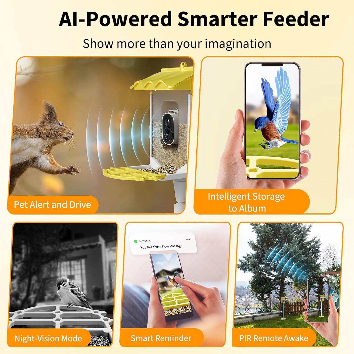 Garvee Smart Bird Feeder with 2.5k Camera & AI Recognition, Solar Powered, 67 Fl.Oz Capacity, Night Vision, App Alerts, Auto Capture Photos/Videos for Bird Watching, Squirrel Deterrent, Yellow