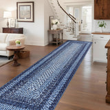 Garvee Navy Boho Kitchen Runner Rug 2x10, Washable Non Slip Low Pile Faux Wool Carpet, Vintage Braided Print Rug for Hallway Entryway Laundry Room - Navy Blue