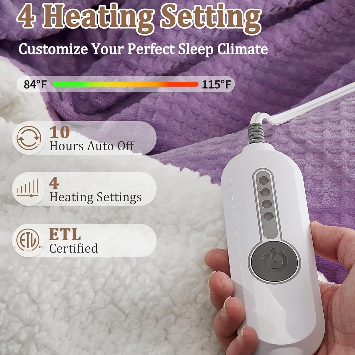 Garvee Electric Heated Throw Blanket, Waffle Textured Heating Blanket, Plush Flannel & Sherpa for Sofa, 4 Heat Levels, 4-Hour Auto Shut Off, Machine Washable, 50"x60", Purple