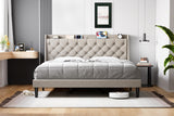 Garvee Full Upholstered Bed Frame with Wingback Headboard, Luxurious Linen, Storage Shelf, USB Ports, Light Gray - Light Gray