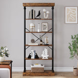 Garvee 6 Tier Industrial Bookshelf Wood Storage Rack, Metal Frame, Elegant Vintage Style, Stable & Durable, Multi-Functional, Easy Assembly, Ideal for Living Room, Bedroom, Home Office - Retro Color