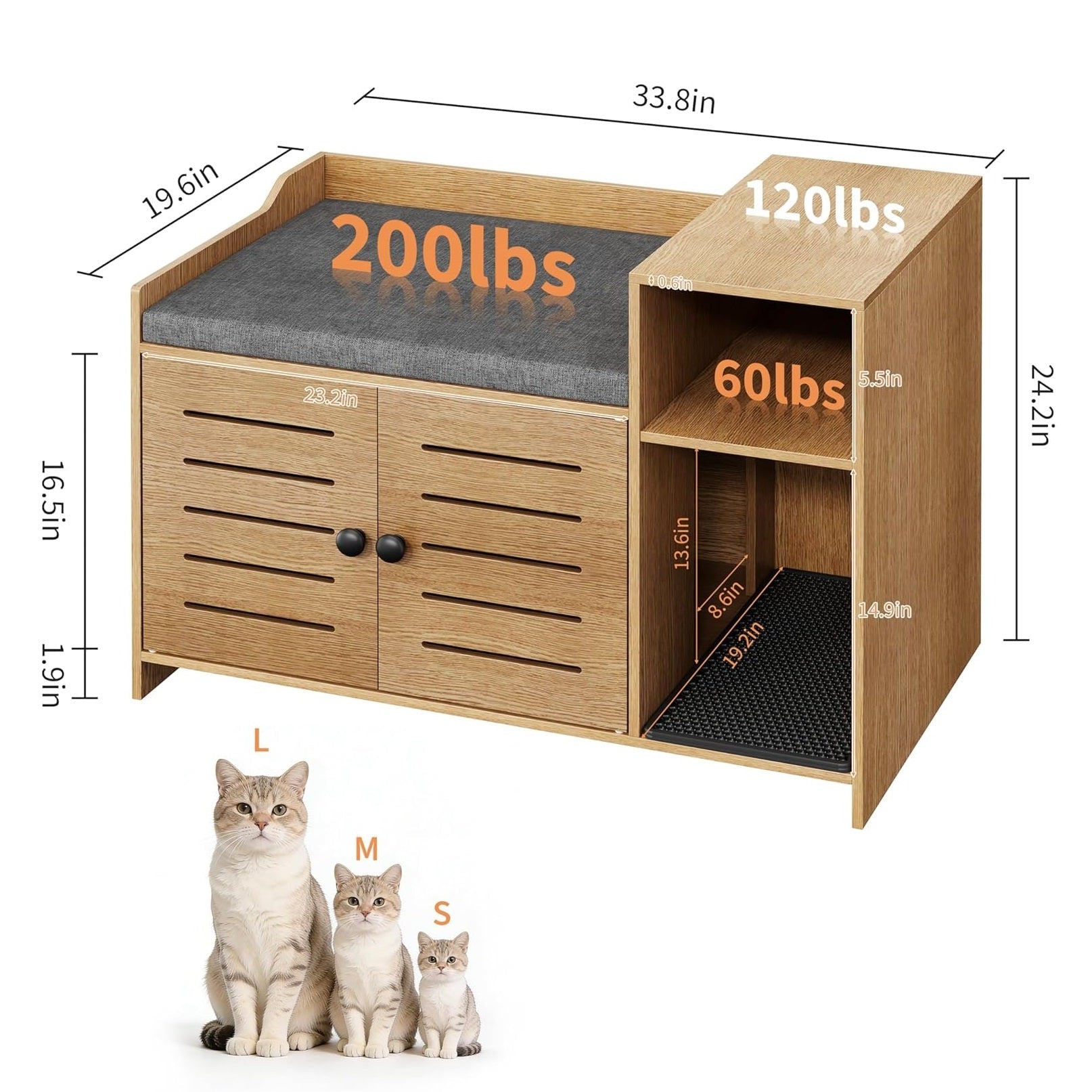 Garvee Cat Litter Box Enclosure, Hidden Litter Box Furniture with Litter Mat & Storage Shelf, Farmhouse Indoor Cat House Cabinet for Hallway, Bedroom, Oak