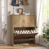 Garvee Entryway Shoe Cabinet Storage With 2 Flip Drawers, Slim Natural Color Shoe Organizer For Foyer And Hallway, Adjustable Dividers, Side Hooks - Natural