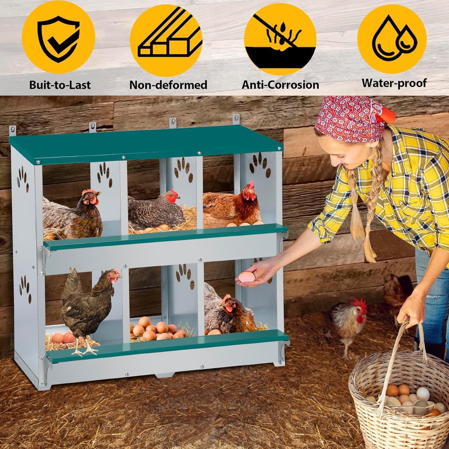 Garvee 6-Compartment Metal Nesting Box – Heavy-Duty Roll Away Egg Design w/Perch & Cover for Poultry Wall/Floor Mount, Green