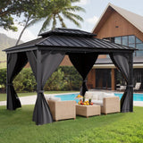 Garvee 10'x14' Hardtop Gazebo, All-Weather Double Metal Roof & Aluminum Frame, Mosquito-Proof Net/Curtains for Patio/Backyard, Grey - Grey