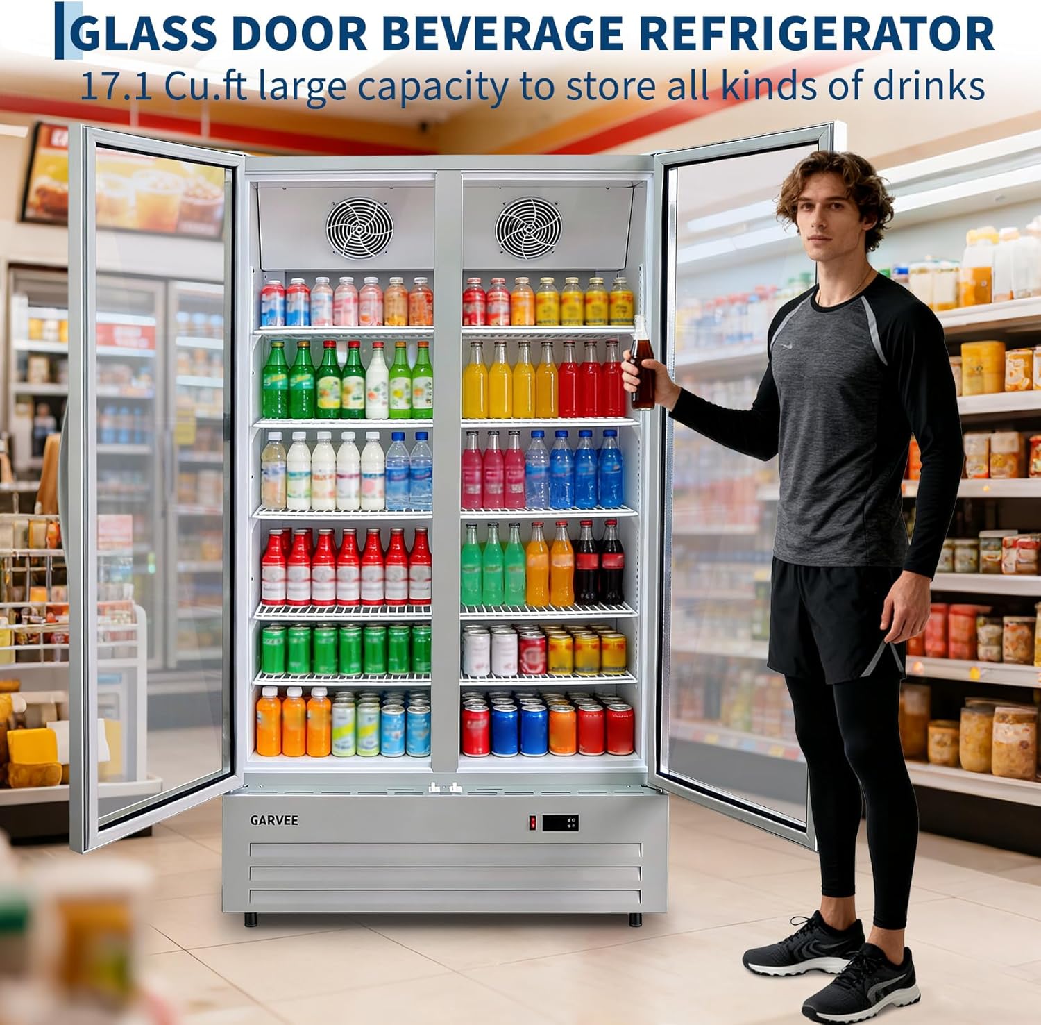 GARVEE 32.5 Cu.ft Double Door Commercial Beverage Cooler - 580-Can Glass Display Fridge | Frost-Free Air-Cooled, Automatic Door Rebound | for Bar/Restaurant/Supermarket (Silver)