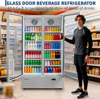 GARVEE 32.5 Cu.ft Double Door Commercial Beverage Cooler - 580-Can Glass Display Fridge | Frost-Free Air-Cooled, Automatic Door Rebound | for Bar/Restaurant/Supermarket (Silver)