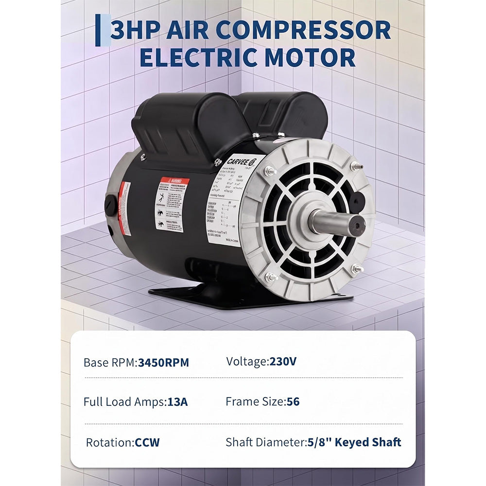 Garvee 3HP SPL Air Compressor Electric Motor, 115/230V, 56 Frame, 3450 RPM, Ultra Quiet, Dual CW/CCW Rotation, 5/8" Keyed Shaft, 1.88" Shaft Length