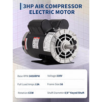 Garvee 3HP SPL Air Compressor Electric Motor, 115/230V, 56 Frame, 3450 RPM, Ultra Quiet, Dual CW/CCW Rotation, 5/8" Keyed Shaft, 1.88" Shaft Length