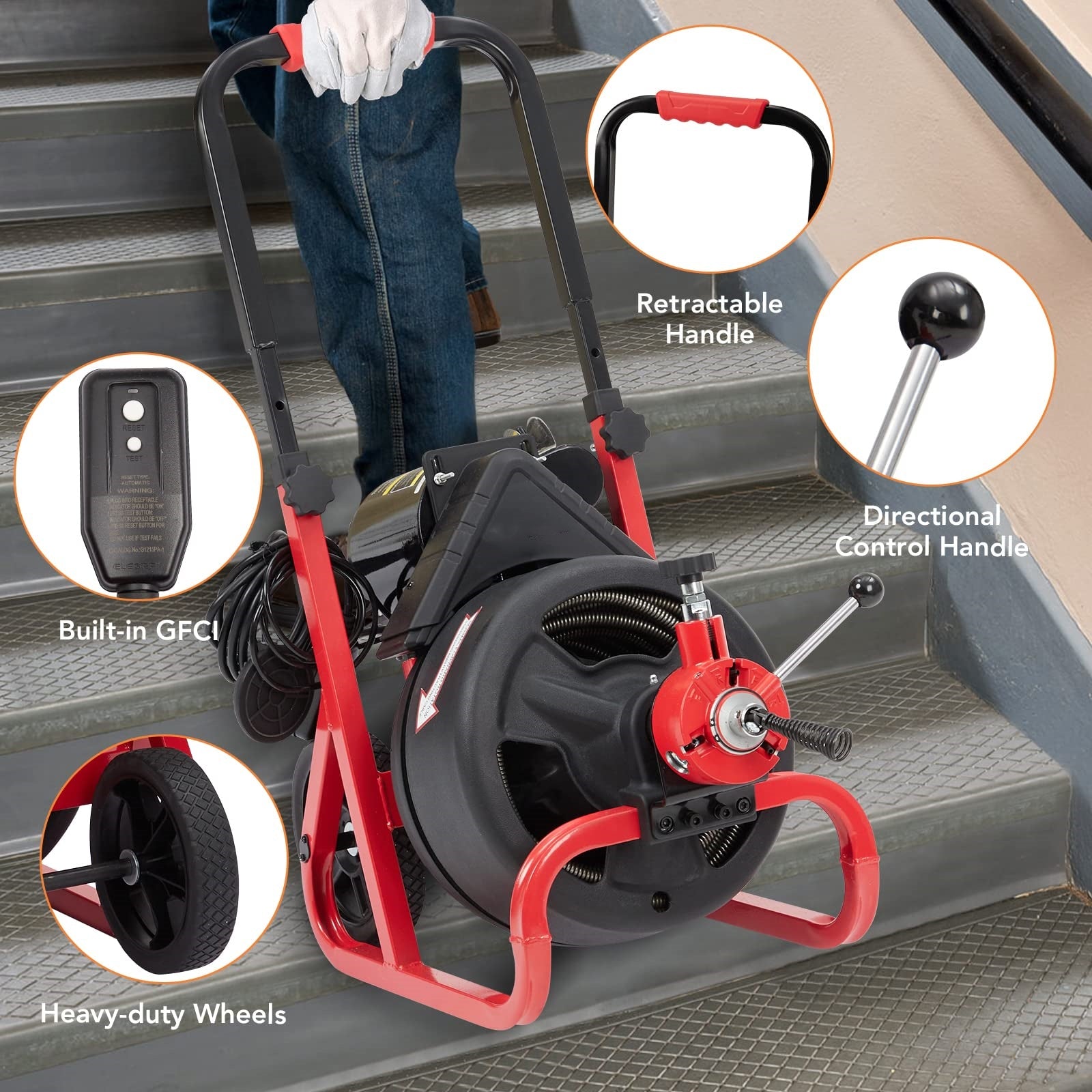 Garvee 75Ft x 1/2 Inch Drain Cleaner Machine - Auto-Feed Electric Drain Auger for 2 to 4 Inch Pipes, Includes 6 Cutters, Gloves, and Sewer Snake