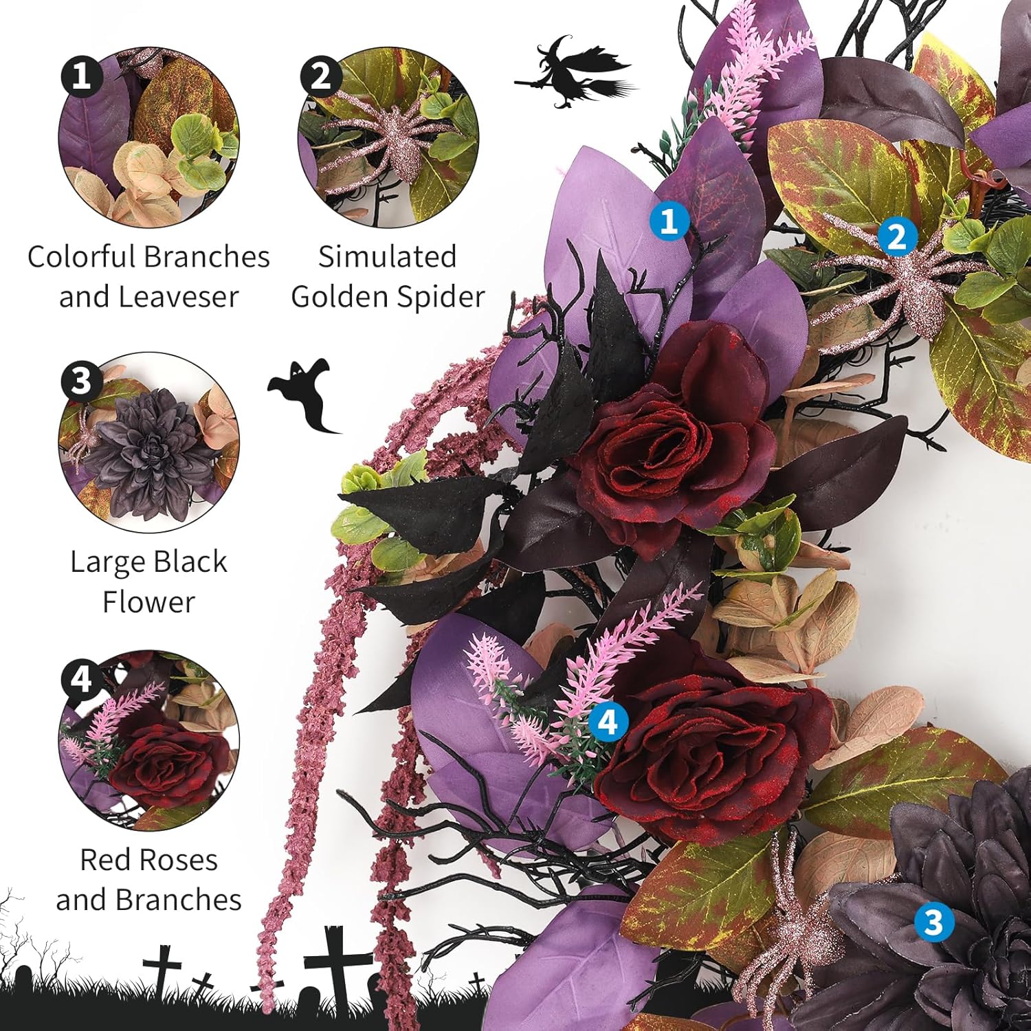 Garvee 18 Inch Halloween Wreath, Halloween Garland with Artificial Roses & Spiders, Indoor Outdoor Holiday Accent Decoration for Front Door Porch Wall Home Party Window, Red & Purple