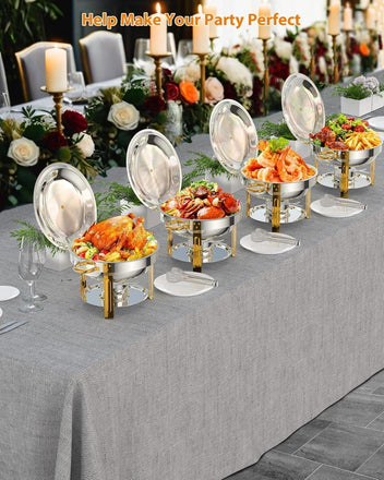 Garvee Durable Gold Stainless Steel Chafing Dish Set – 4 Pack 5QT Round Commercial Buffet Food Warmer with Lid Holder, Spoon & Tweezers – High-quality Catering Equipment for Events, Parties, Weddings – Easy to Clean – Specs: 2x2