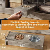 Garvee Dog Crate Furniture for 2 Dogs, 78.7" Large Dog Kennel Indoor with 2 Storage Drawers, 3 Shelves and Feeding Bowls, Double Dog Crate TV Stand for Small and Medium Dogs, Gray