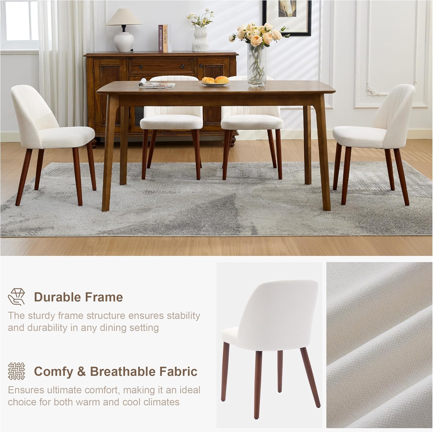 Garvee Set of 2 Mid-Century Modern Fabric Upholstered Dining Chairs with Padded and Solid Wood Legs, Beige