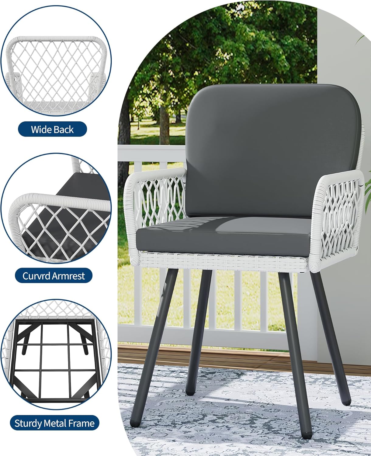Garvee Patio Dining Chairs Set of 2 With Black Metal Frame & White Hand-Woven Rattan, Porch Armchairs With Cushion for Indoor, Garden, Balcony, Deck, Backyard