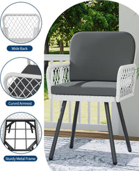 Garvee Patio Dining Chairs Set of 2 With Black Metal Frame & White Hand-Woven Rattan, Porch Armchairs With Cushion for Indoor, Garden, Balcony, Deck, Backyard