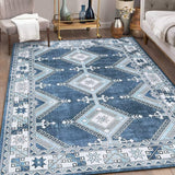 Garvee Area Rug Living Room Rugs 8x10 Large Machine Washable Boho Carpets Moroccan Diamond Washable Rug Non Slip Non Shedding Low Pile Rug for Laundry Bedroom Living Room, Navy - Blue