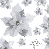 Garvee 15 Pieces Christmas Glitter Poinsettia with Clips Christmas Poinsettia Decorations Artificial Poinsettia Flowers Ornament Christmas Flowers for New Year Wedding Home Decoration 8.7inch/22cm Silver - Sliver