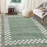 Garvee Bordered Green 8x10 Area Rug for Living Room Scalloped Washable Large Bedroom Rug Non Slip Stain Resistant Modern Border Dining Room Throw Carpet Scalloped Boho Rug for Home Decor Office Nursery - Green